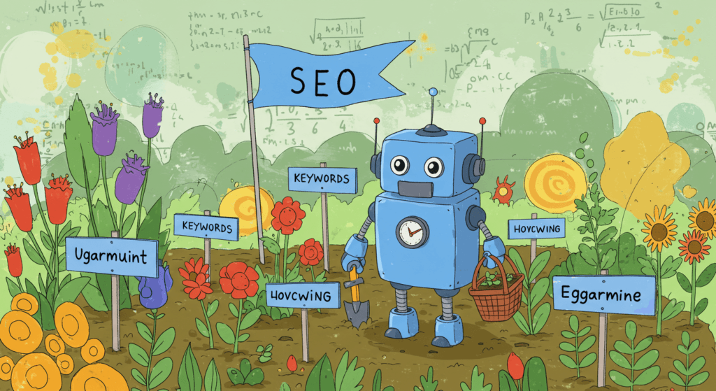 ¿Podrá ChatGPT Reemplazar los Motores de Búsqueda? Una Mirada al Futuro del SEO 3 Ilustración colorida con un robot azul en un jardín representando conceptos de SEO como palabras clave y meta tags. Optimización web.