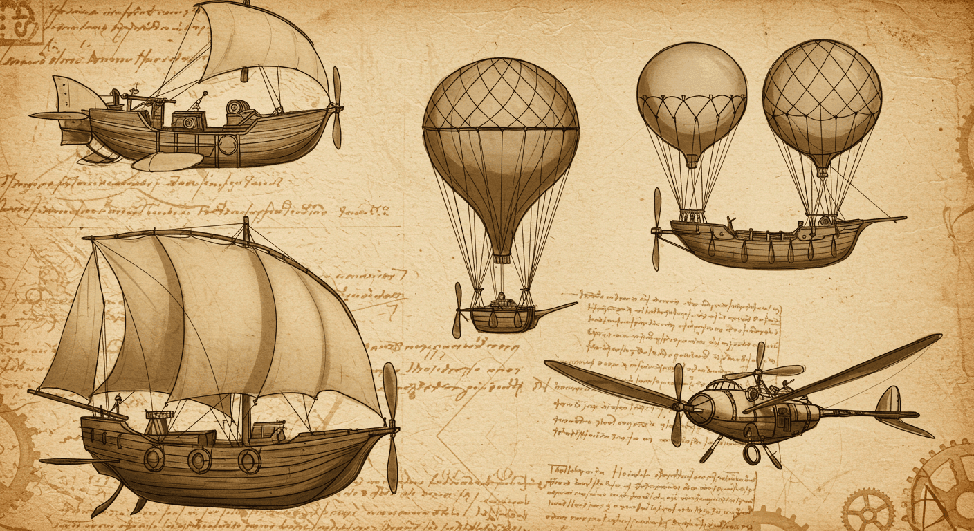 Ilustración sepia de máquinas voladoras inspiradas en Leonardo da Vinci con engranajes y texto antiguo. Inventos y aviación histórica.