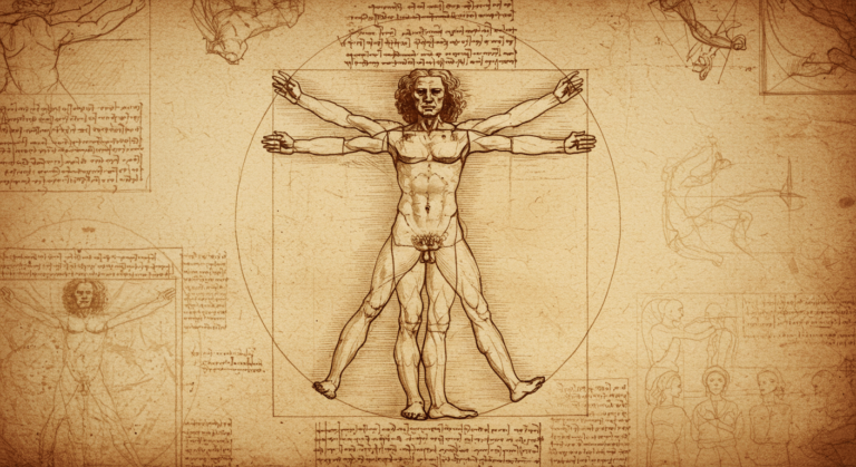 Reproducción del Hombre de Vitruvio de Leonardo da Vinci con bocetos y notas. Dibujo histórico del Renacimiento.