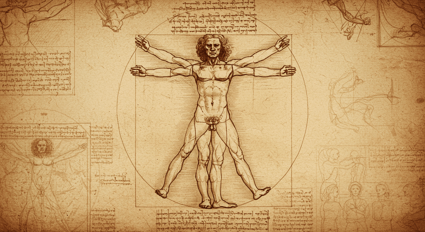 Reproducción del Hombre de Vitruvio de Leonardo da Vinci con bocetos y notas. Dibujo histórico del Renacimiento.