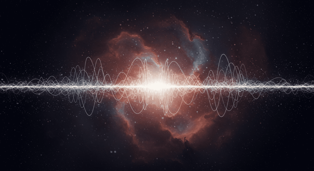 "Imagen abstracta de onda de sonido sobre fondo cósmico con estrellas y nebulosas. Representación visual de audio y energía en diseño moderno. Ideal para contenido sobre música, ciencia, tecnología y arte digital."