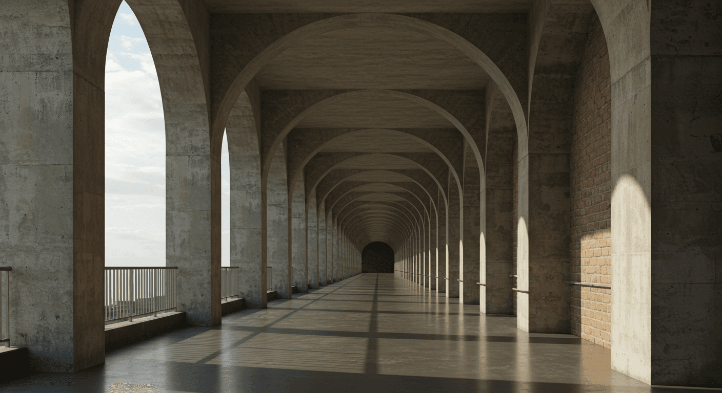 "Pasillo con arcos de hormigón. Vista de un pasillo arquitectónico con arcos repetidos en hormigón que crean una ilusión de profundidad. Iluminación con sombras marcadas. Diseño arquitectónico contemporáneo."