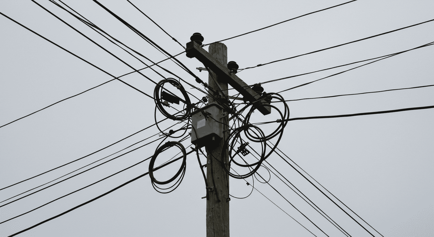 ¿Cómo nació el código Morse? La historia del lenguaje que salvó vidas 4 "Foto de poste de electricidad con cables enredados y desordenados. Imagen de infraestructura eléctrica obsoleta y posible riesgo de fallos. Ideal para artículos sobre problemas de suministro eléctrico y mantenimiento de redes."