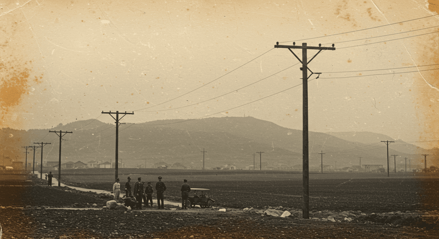 ¿Cómo nació el código Morse? La historia del lenguaje que salvó vidas 3 "Fotografía antigua en blanco y negro de personas uniformadas trabajando en postes de electricidad en zona rural. Imagen histórica descolorida con torres de alta tensión y personal técnico. Ideal para artículos sobre historia de la electrificación y vida rural antigua."