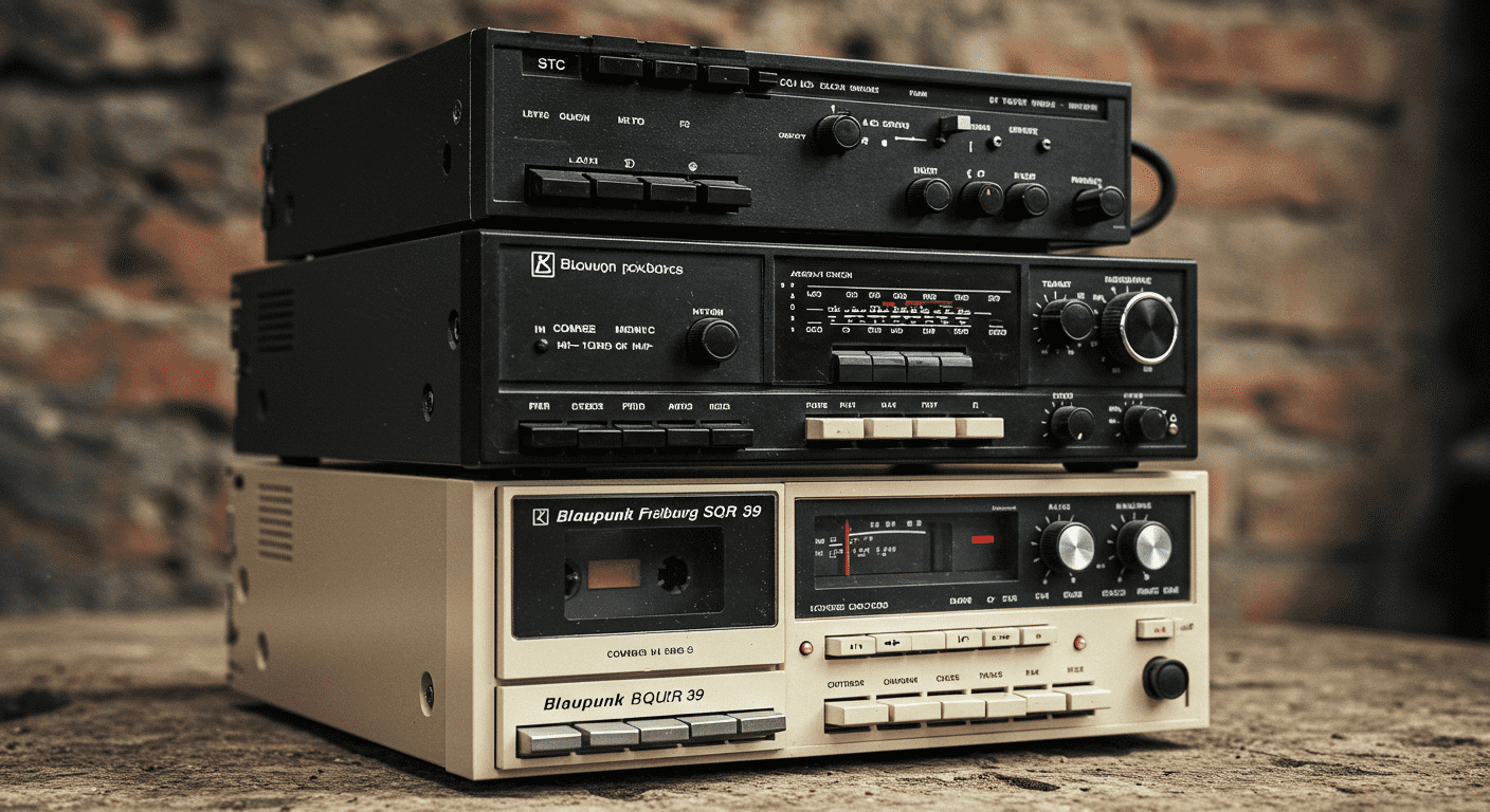 ¿Cómo nació el código Morse? La historia del lenguaje que salvó vidas 1 "Imagen de radios antiguos Blaupunkt para coche apilados. Radios vintage de vehículos con mandos, botones y diseño clásico. Fotografía para blog sobre historia del automóvil y tecnología retro."