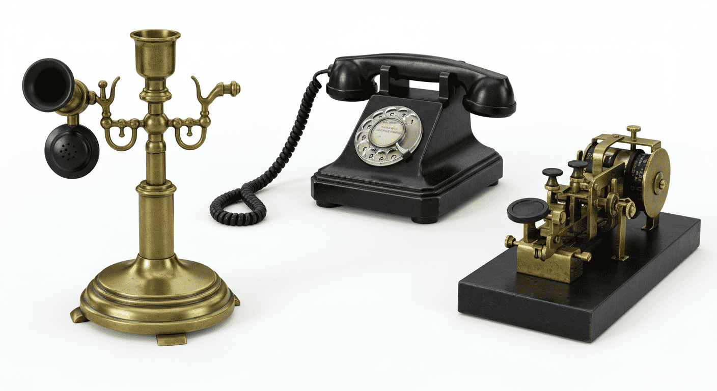 ¿Cómo nació el código Morse? La historia del lenguaje que salvó vidas 2 "Imagen de teléfonos antiguos y telégrafo Morse para representar la evolución de las comunicaciones. Aparatos vintage de diferentes épocas sobre fondo blanco. Ideal para artículos sobre historia de la tecnología y telecomunicaciones."