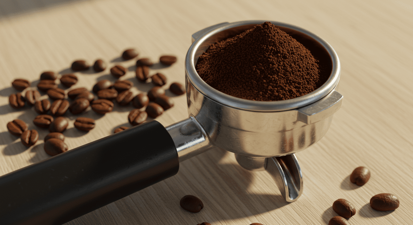 Café molido portafiltro. Imagen de un portafiltro lleno de café molido y granos de café alrededor. Preparación de café y cafetería.
