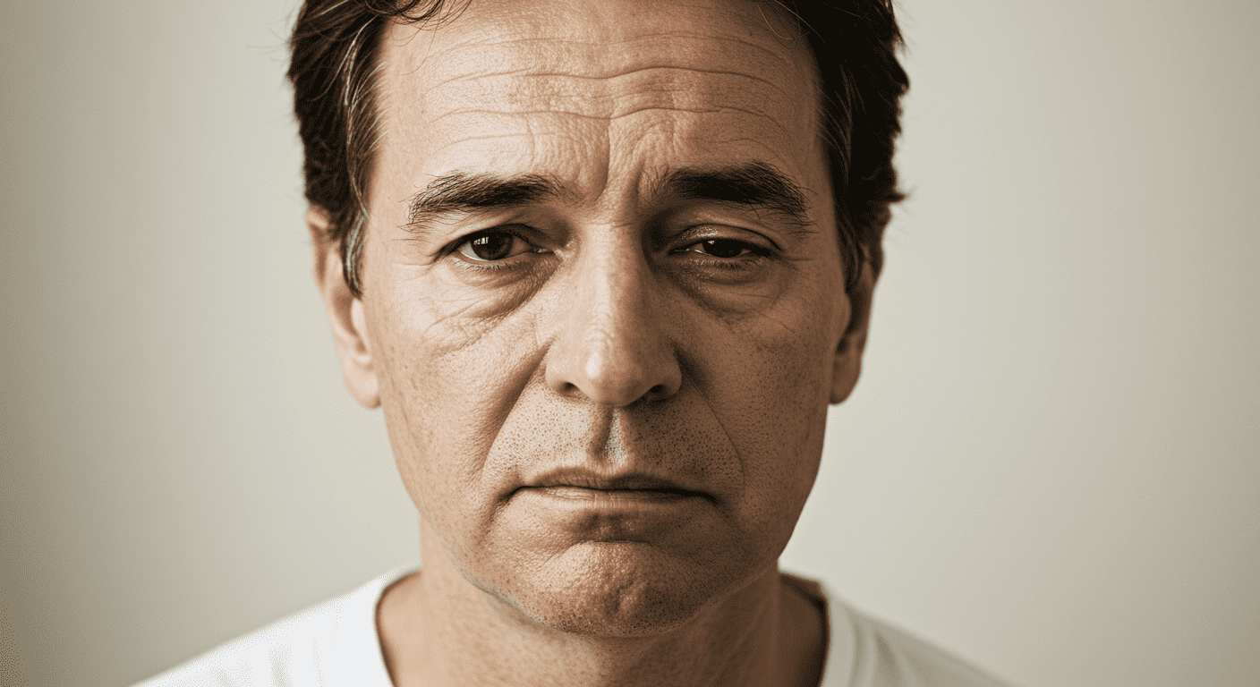 Hombre caucásico sorprendido, camisa azul. Retrato cercano de hombre de mediana edad con expresión de asombro. Ideal para representar sorpresa, shock o incredulidad en publicidad y contenido editorial.