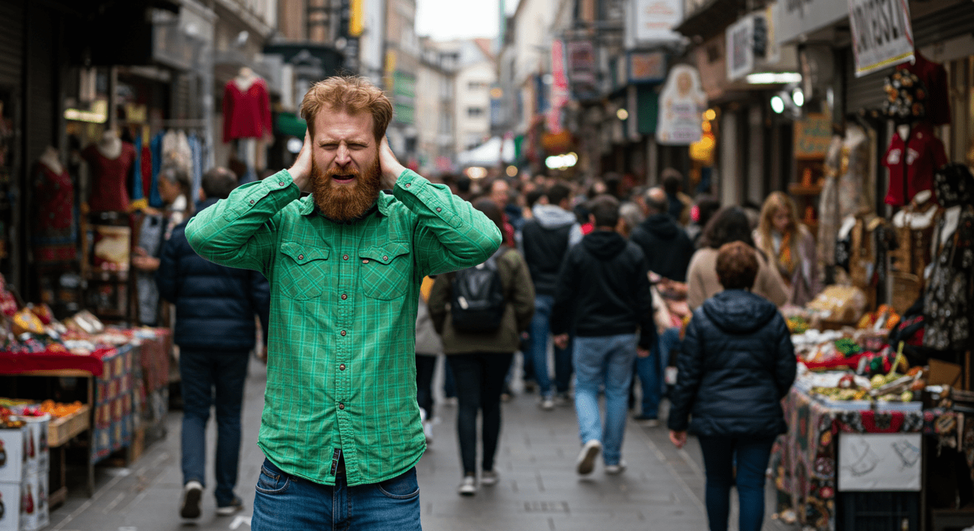 Hombre pelirrojo con barba, camisa verde y vaqueros, tapándose los oídos en un mercado callejero concurrido. Imagen sobrecarga sensorial, estrés urbano.