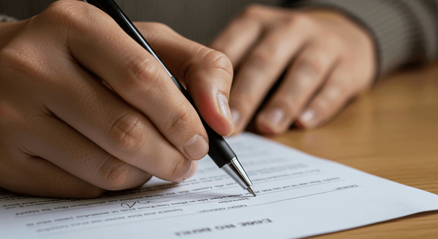 "Primer plano de una mano escribiendo o firmando un documento con un bolígrafo negro. Imagen de la acción de firmar un contrato o acuerdo legal. Ideal para contenido sobre finanzas, negocios, leyes y trámites administrativos."