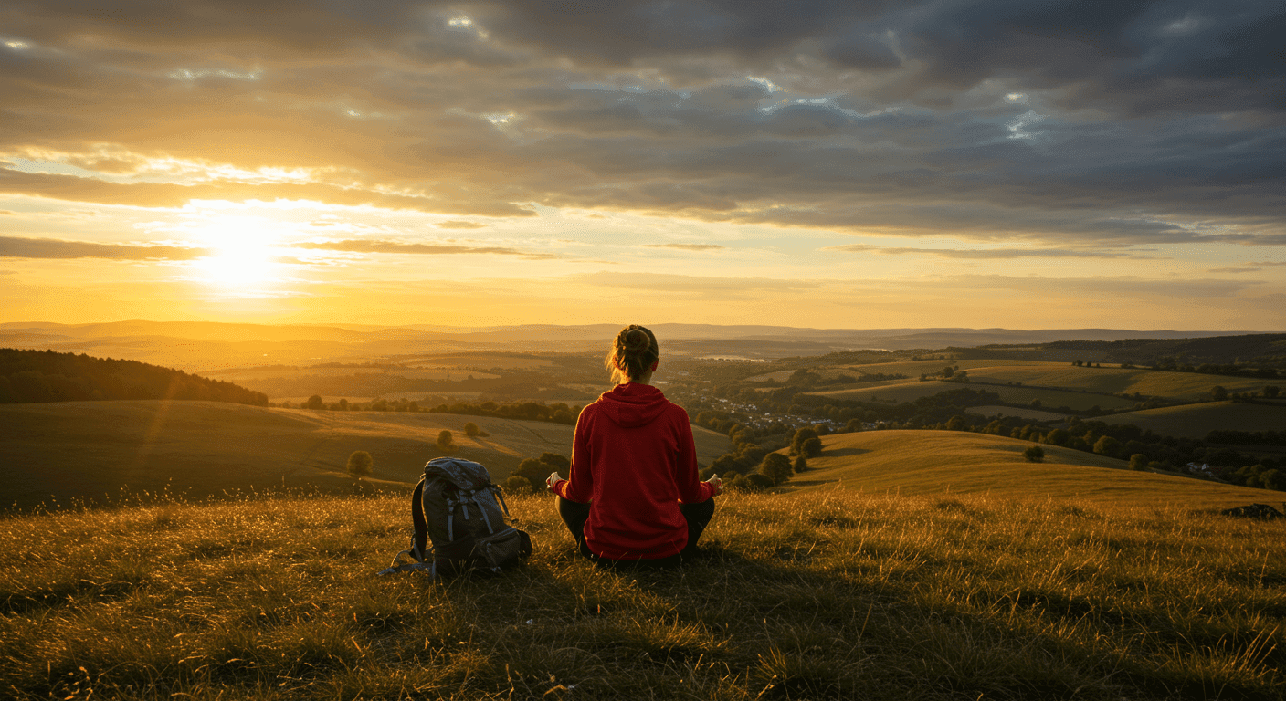 Persona meditando en la cima de una colina con vista a un paisaje rural al atardecer. Bienestar, relajación, naturaleza, salud mental.