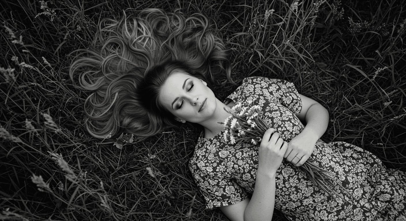 Mujer durmiendo campo. Imagen monocromática de una joven descansando en un prado con flores. Naturaleza y relax.