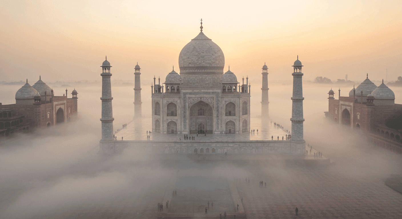 Vista del Taj Mahal en India durante un amanecer brumoso. La niebla envuelve la base del mausoleo de mármol blanco, difuminando las siluetas de los visitantes que pasean por el patio. Edificios secundarios con cúpulas y arcos se vislumbran a través de la niebla. Atmósfera mística y serena. #TajMahal #India #Amanecer #Niebla #Arquitectura #Viajes #Mausoleo