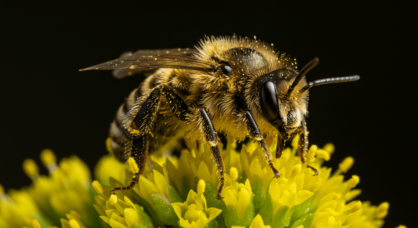 Abeja recolectando polen en una flor amarilla. Primer plano de una abeja cubierta de polen sobre una flor, destacando la importancia de la polinización y la belleza de la naturaleza.