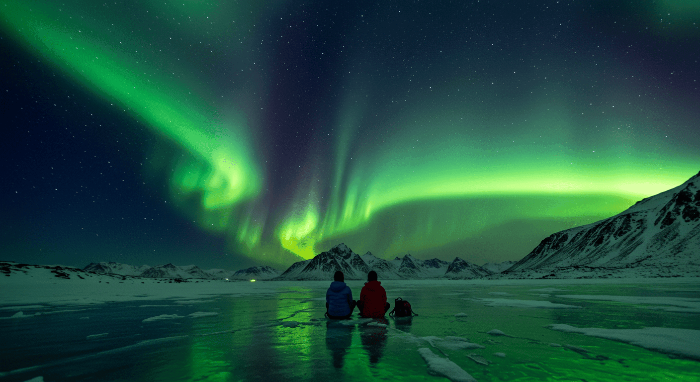 Aurora boreal iluminando el cielo nocturno sobre un paisaje nevado con dos personas observando. Belleza natural del Ártico. Accesible para personas con discapacidad visual.