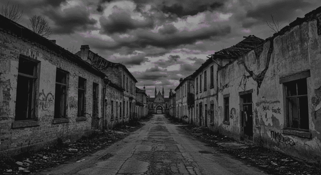 El crimen de Gádor: la escalofriante historia del verdadero hombre del saco 5 Calle estrecha en blanco y negro con edificios en ruinas y cielo nublado. Fotografía de decadencia urbana con arquitectura antigua. Ideal para contenido de historia y abandono