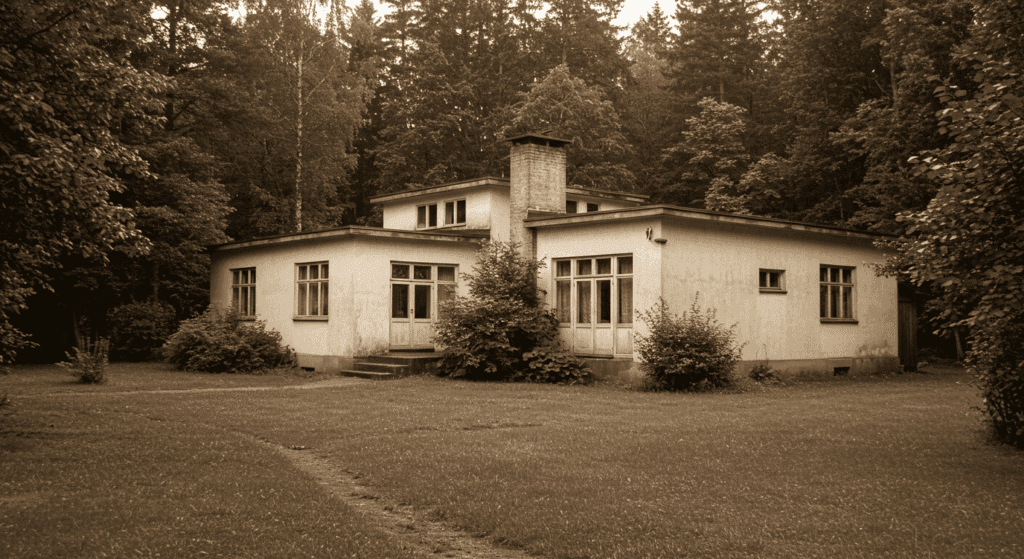 El crimen de Gádor: la escalofriante historia del verdadero hombre del saco 4 Casa modernista de una planta en fotografía sepia antigua rodeada de árboles. Arquitectura de estilo Bauhaus con jardín. Ideal para contenido de historia y arquitectura.