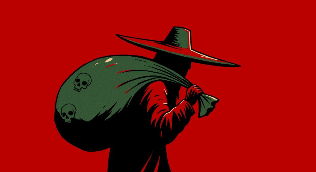 El crimen de Gádor: la escalofriante historia del verdadero hombre del saco 7 Dibujo de espanto con sombrero y saco lleno de calaveras sobre fondo rojo. Ilustración de terror gótico para leyendas y cuentos oscuros.
