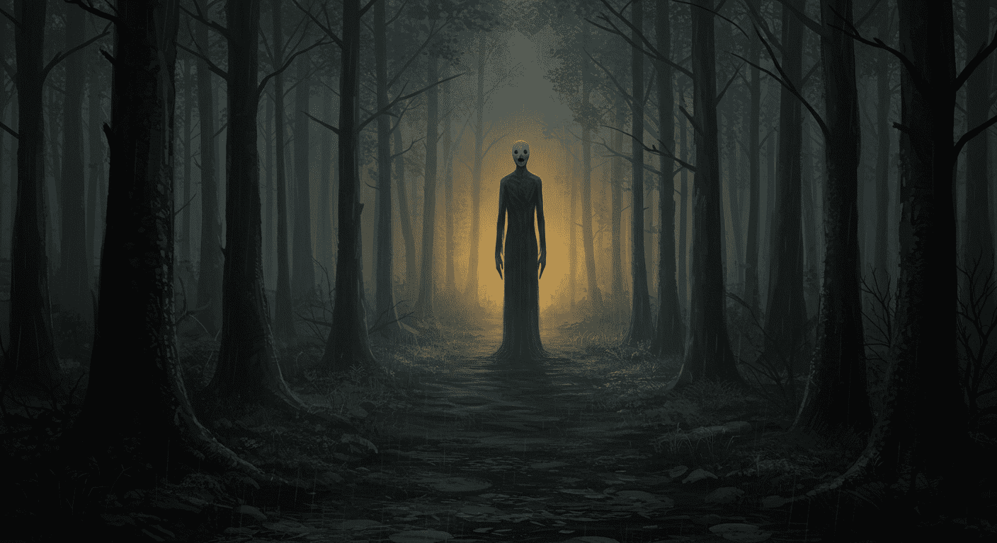 Imagen oscura de un espectro en un bosque nocturno. Fotografía de terror con figura alta y delgada en camino iluminado. Ideal para contenido de misterio y leyendas urbanas.