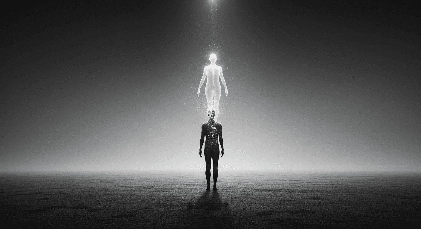"Imagen conceptual en blanco y negro con dos figuras humanas. Representación artística de ascensión o transformación espiritual con figuras luminosas y sombrías. Ideal para temas de introspección y metafísica."
