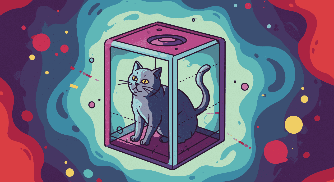 "Imagen del gato de Schrödinger con gato gris sorprendido. Representación visual del experimento mental de la física cuántica. Ilustración del concepto de superposición y probabilidad con un gato y diagramas."