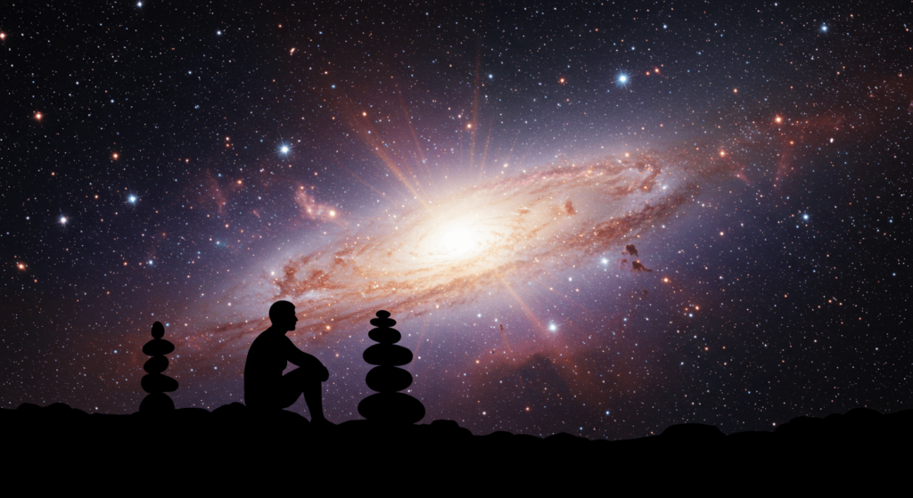 ¿Qué son los viajes astrales? Descubre la experiencia de tu alma fuera del cuerpo 6 "Imagen conceptual de introspección en el universo. Figura humana meditando con fondo de galaxias y cosmos. Ideal para temas de espiritualidad, conexión con el universo y reflexión personal."
