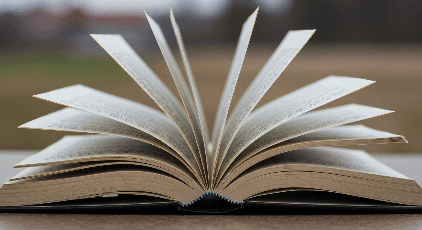 Libro abierto con páginas al viento: Detalle de lectura con páginas ondeantes. Literatura, conocimiento y aprendizaje.