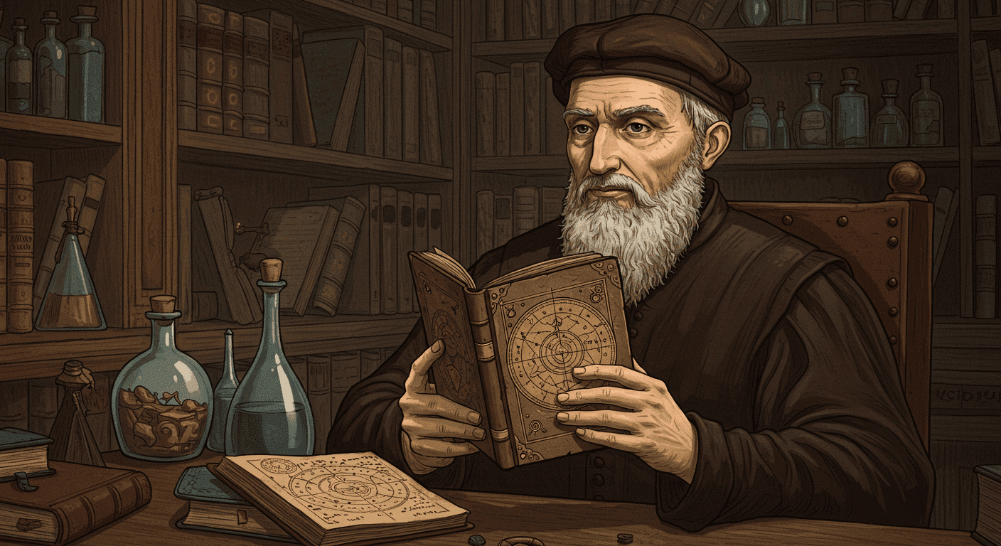 Portada antigua del libro "Las Profecías" de Michel Nostradamus, con un retrato del profeta. Imagen de historia y literatura esotérica.