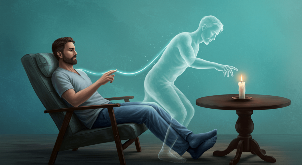 ¿Qué son los viajes astrales? Descubre la experiencia de tu alma fuera del cuerpo 1 "Imagen conceptual de experiencia fuera del cuerpo. Representación de un hombre proyectándose fuera de su cuerpo con fondo azul y verde. Ideal para temas de espiritualidad, conciencia y fenómenos paranormales."