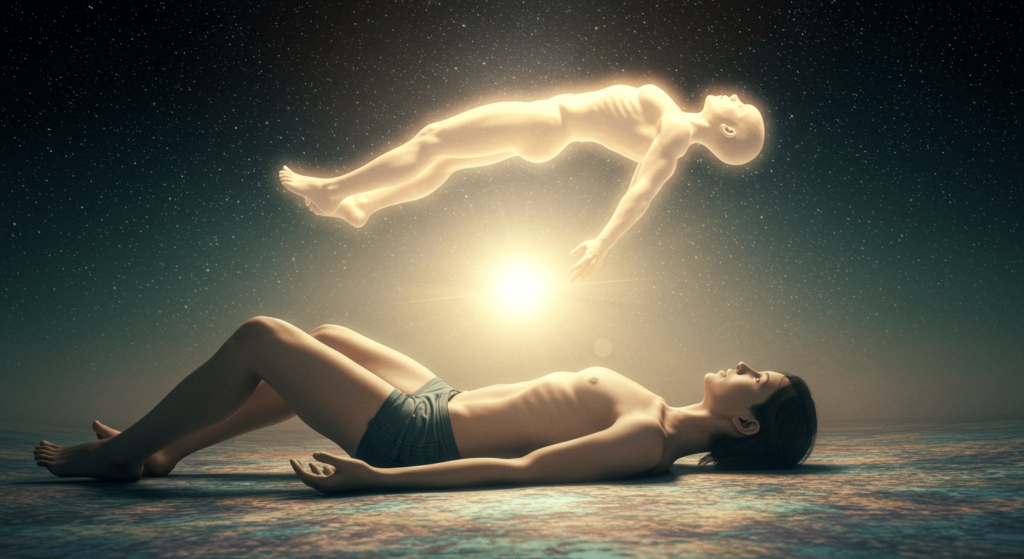 ¿Qué son los viajes astrales? Descubre la experiencia de tu alma fuera del cuerpo 4 "Imagen conceptual de proyección astral con figura humana luminosa. Representación de un cuerpo astral saliendo del cuerpo físico con fondo de estrellas. Ideal para temas de espiritualidad, sueños y experiencias místicas."