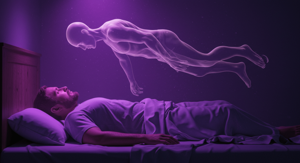 ¿Qué son los viajes astrales? Descubre la experiencia de tu alma fuera del cuerpo 3 "Imagen conceptual de proyección astral. Representación de un hombre con su cuerpo astral elevándose sobre su cuerpo físico. Temática de espiritualidad, conciencia y experiencias extracorpóreas."