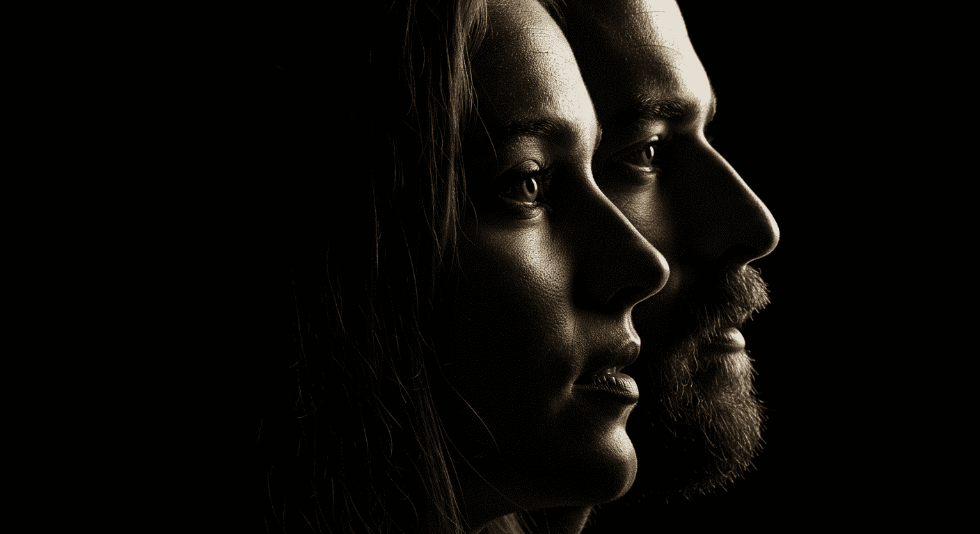 Retrato en sepia de hombre y mujer de perfil. Pareja, amor.