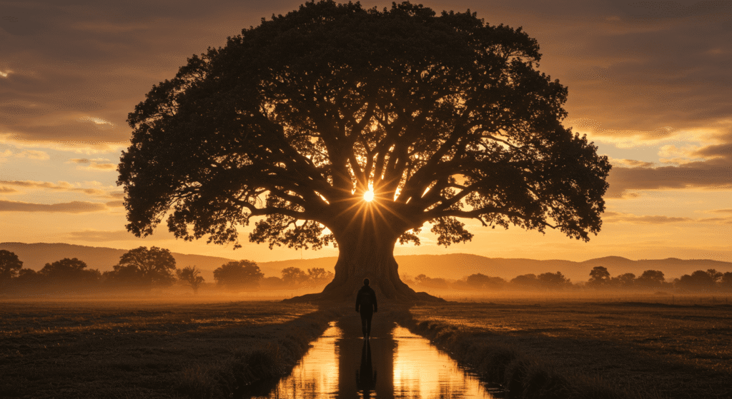 "Persona caminando sobre agua hacia un árbol gigante al atardecer. Imagen serena de conexión con la naturaleza y paisajes místicos."

