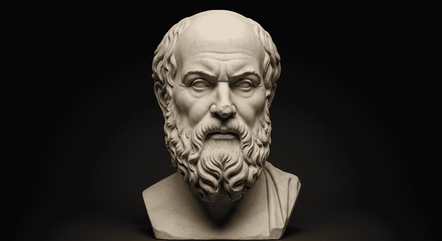 Imagen de busto de mármol de Sócrates, filósofo griego clásico. Representación de la filosofía antigua y el legado intelectual de Grecia. Ideal para contenido sobre historia, filosofía y educación.