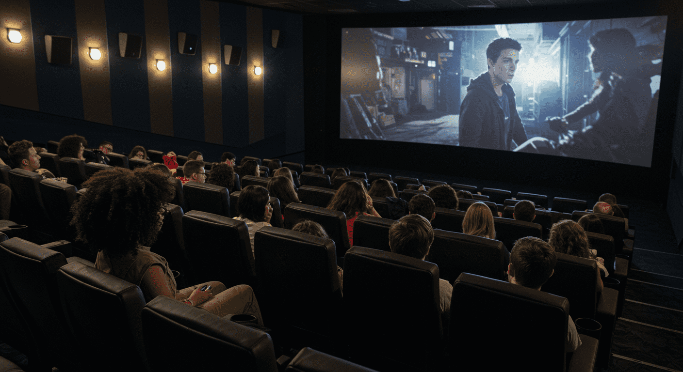 "Vista de una sala de cine llena de gente viendo una película. Público diverso disfrutando del cine en una sala con iluminación tenue."