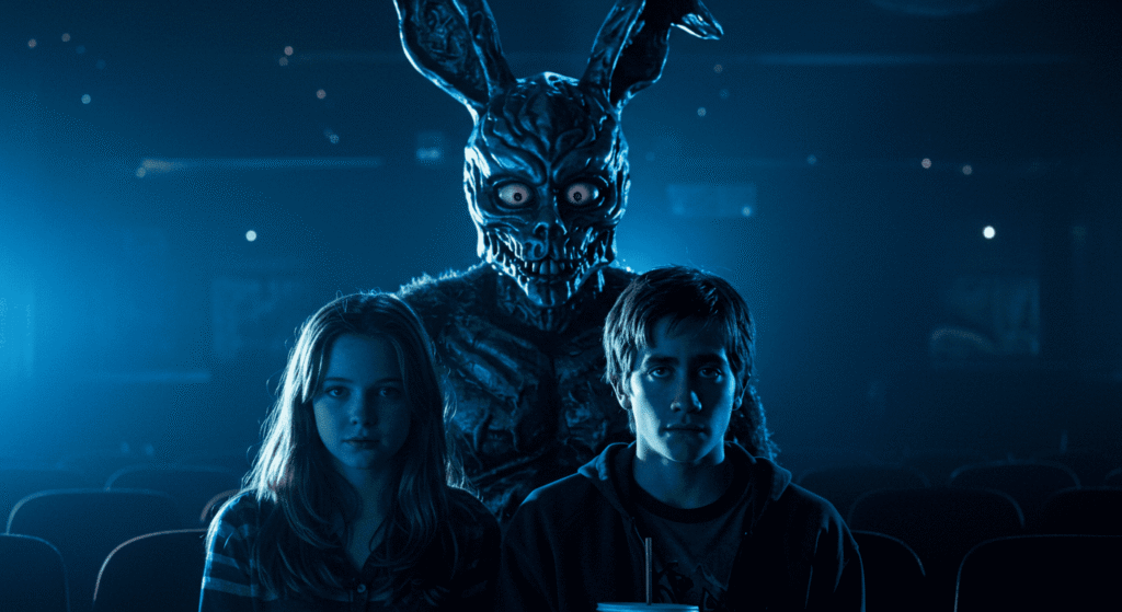 "Fotograma de la película 'Donnie Darko' con Donnie, una chica y el conejo Frank. Imagen oscura y enigmática del icónico film de culto."

