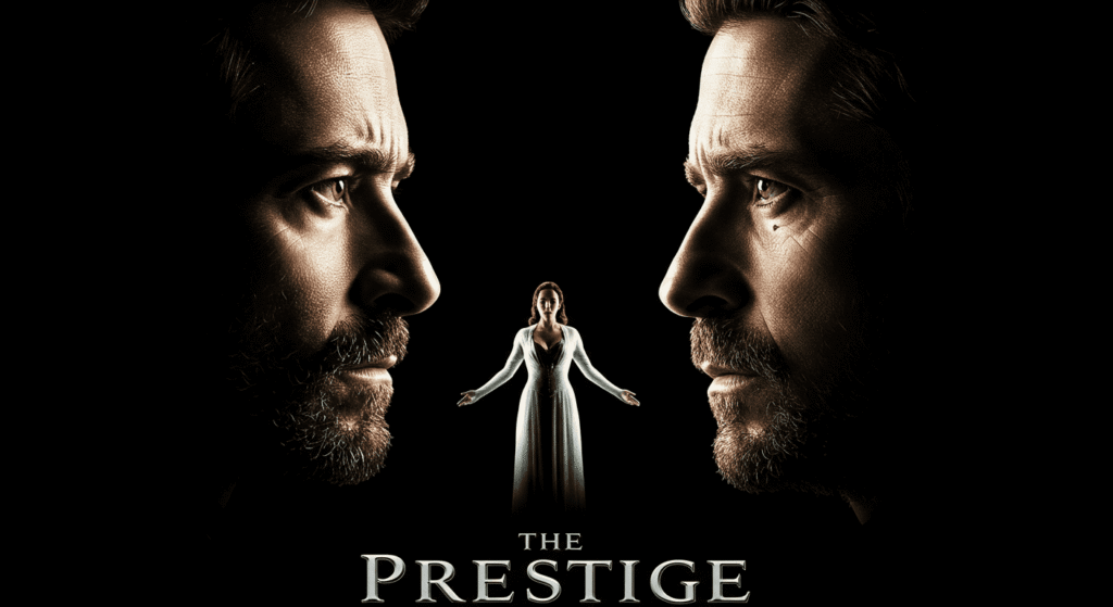 "Póster de la película 'El Truco Final (El Prestigio)' con Hugh Jackman, Christian Bale y una mujer. Imagen dramática y enigmática del film de magia y rivalidad."


