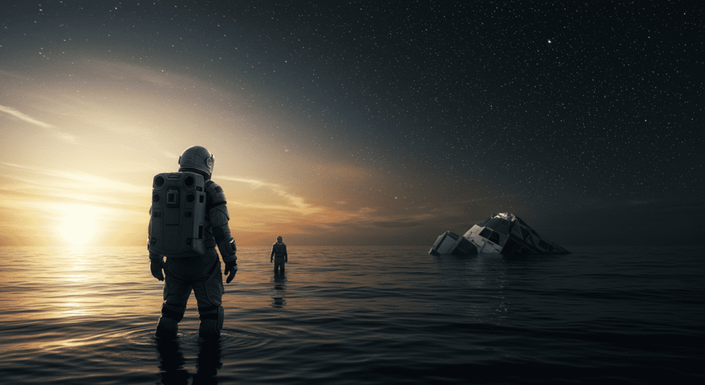 "Escena inspirada en 'Interstellar' con astronauta en el agua, nave espacial y cielo estrellado. Imagen de exploración espacial y aventura en un planeta alienígena."

