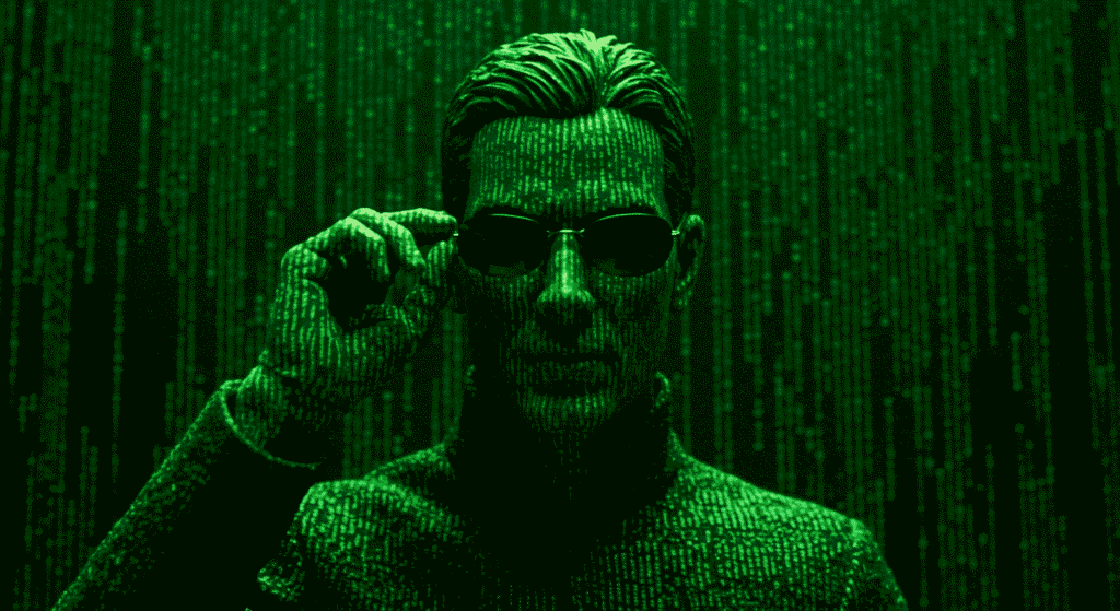 "Imagen de la película 'The Matrix' con figura hecha de código verde ajustando gafas. Representación icónica del mundo digital de la Matrix."

