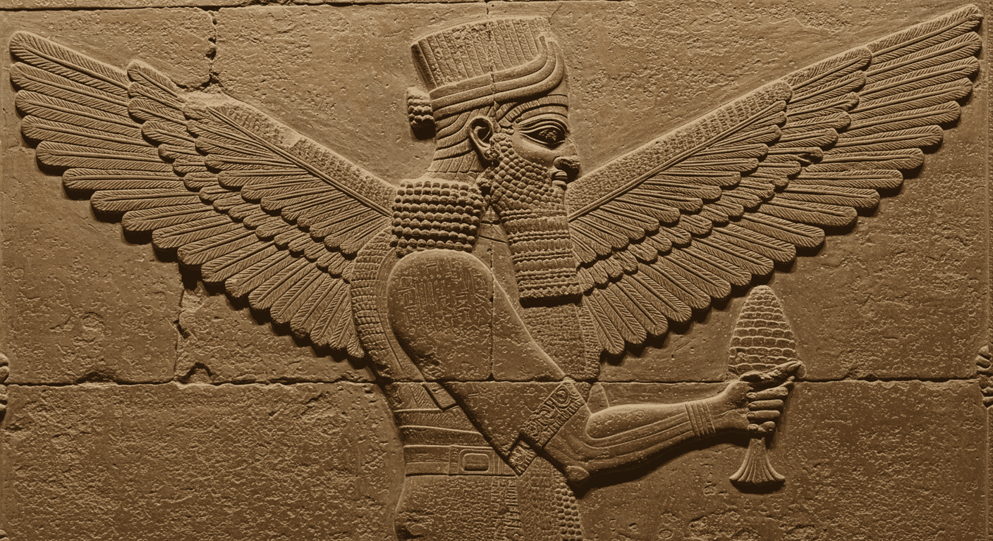 Relieve de piedra asirio con figura alada. Arte mesopotámico antiguo, ideal para temas de historia y arqueología. Accesible para personas con discapacidad visual.
