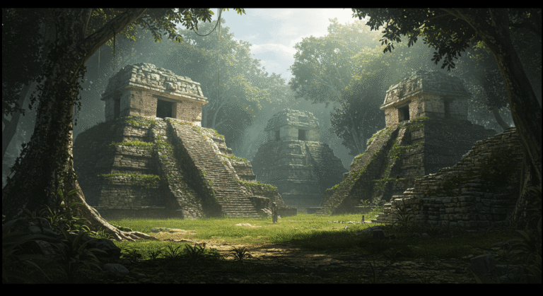 Ruinas mayas en la selva con pirámides y vegetación. Imagen digital con ambiente arqueológico, ideal para contenido sobre historia, cultura y aventura.