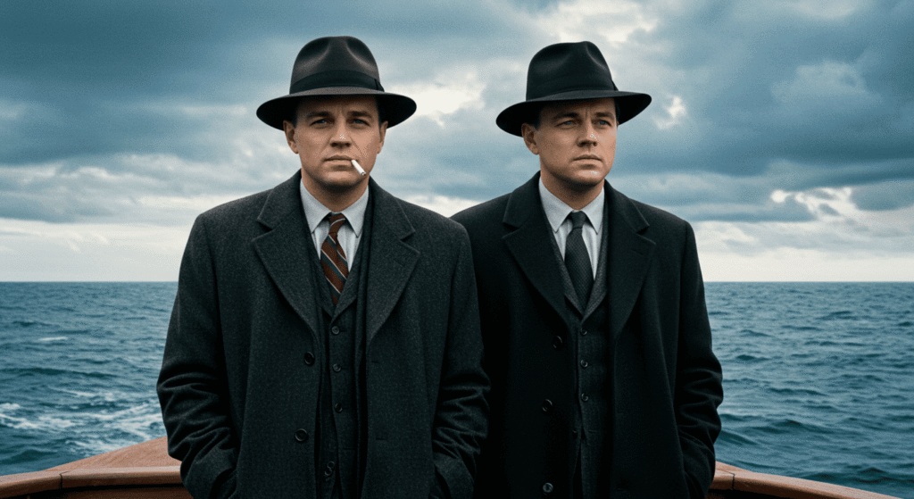 "Fotograma de la película 'Shutter Island' con Leonardo DiCaprio y Mark Ruffalo en un barco. Imagen sombría y misteriosa de la película de suspense."

