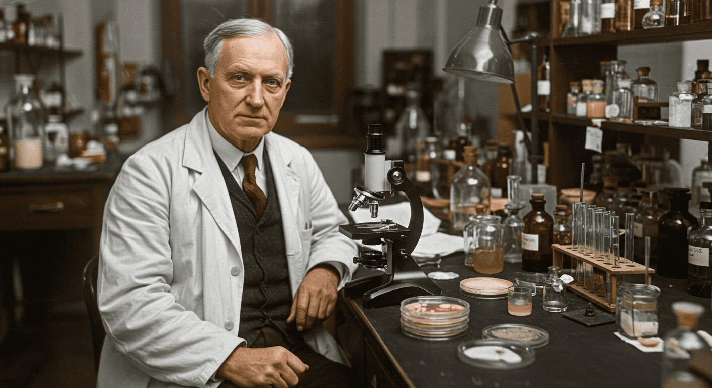 Retrato coloreado de científico en laboratorio con microscopio. Imagen histórica con equipo científico y ambiente clásico ideal para contenido sobre ciencia y personajes históricos.