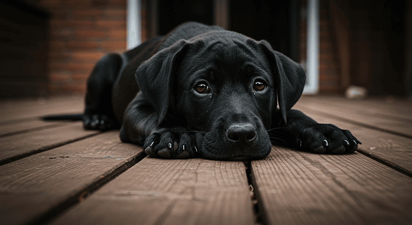 "Primer plano de un cachorro negro con mirada tierna, descansando sobre un suelo de madera. Imagen adorable de un perro joven y cariñoso. Ideal para promover la adopción de mascotas y el amor por los animales."