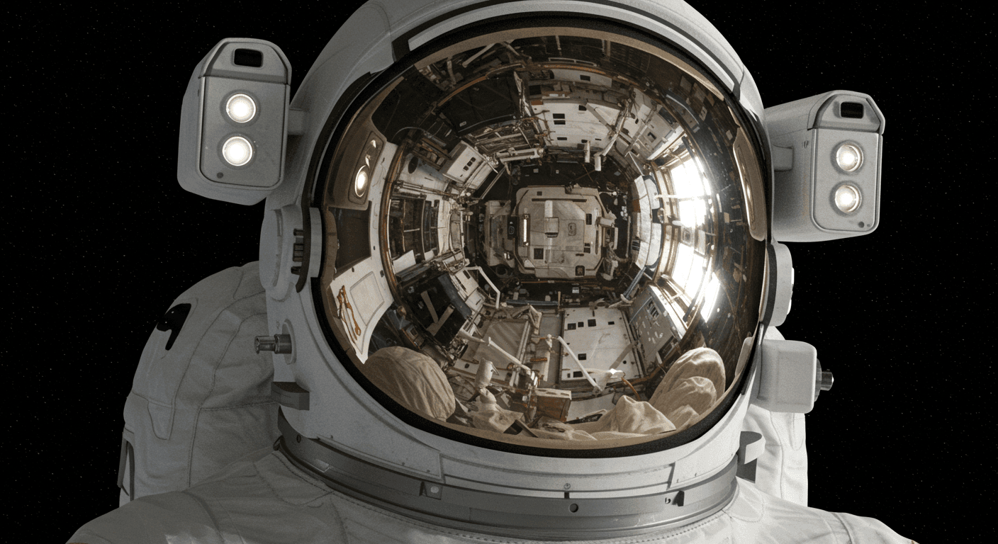 Casco astronauta reflejo. Imagen de primer plano de casco espacial reflejando la estación espacial. Exploración espacial y tecnología.