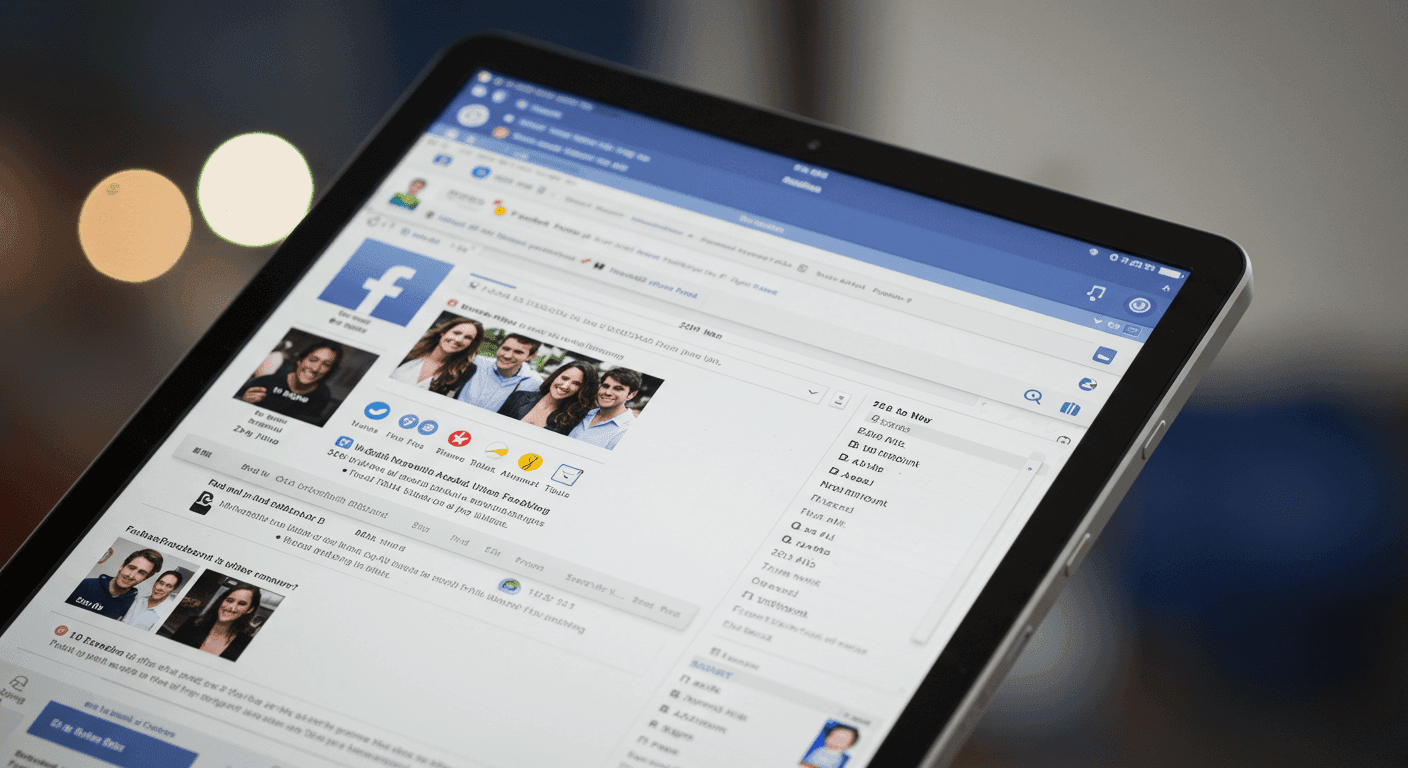 Tablet con Facebook abierto. Imagen de una tablet mostrando la red social Facebook, ideal para artículos sobre redes sociales, tecnología, marketing digital y comunicación online. Facebook en pantalla de tablet para ilustrar temas de conectividad y social media