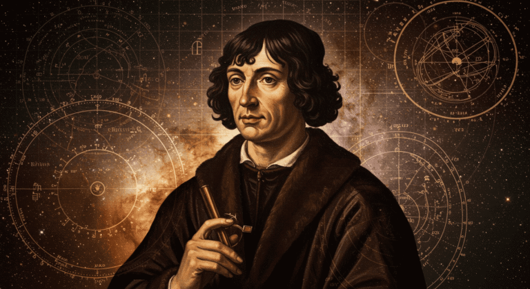 Retrato de Nicolás Copérnico sobre fondo espacial. Imagen de astronomía histórica y científica. Ilustración accesible para personas con discapacidad visual.