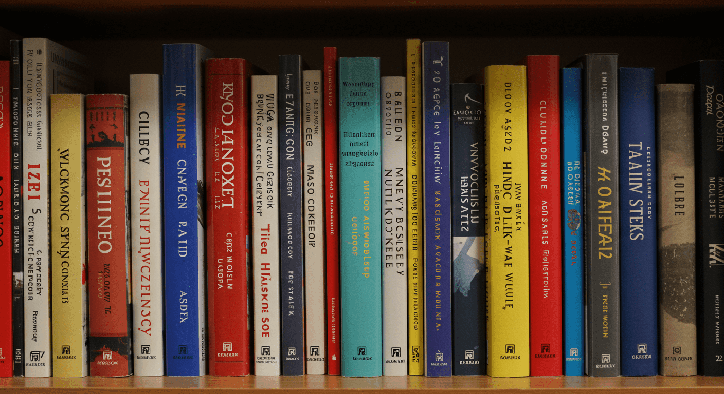 Estantería llena de libros de distintos colores y autores, incluyendo Harry Potter. Ideal para contenido sobre lectura, bibliotecas, literatura o el mundo de los libros.