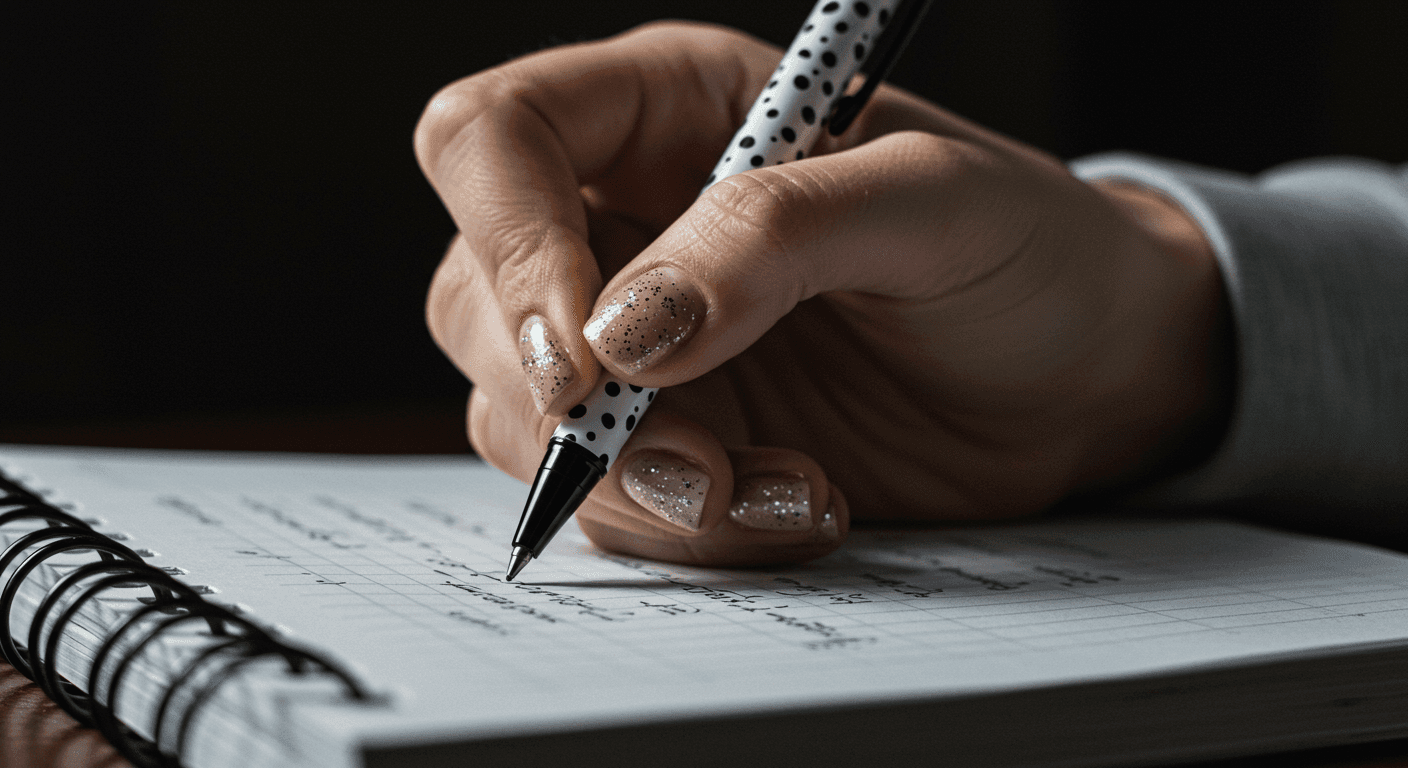 Primer plano de una mano con uñas pintadas escribiendo notas con un bolígrafo blanco y negro en un cuaderno de espiral con líneas. El fondo oscuro resalta la mano y el cuaderno, enfocando en el acto de tomar apuntes.