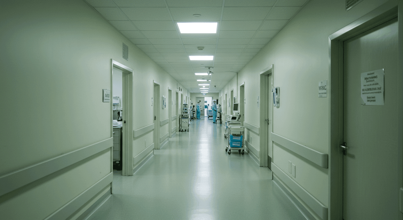 Pasillo iluminado de hospital con personal médico y equipos al fondo. Salud, medicina, atención sanitaria, infraestructura hospitalaria.